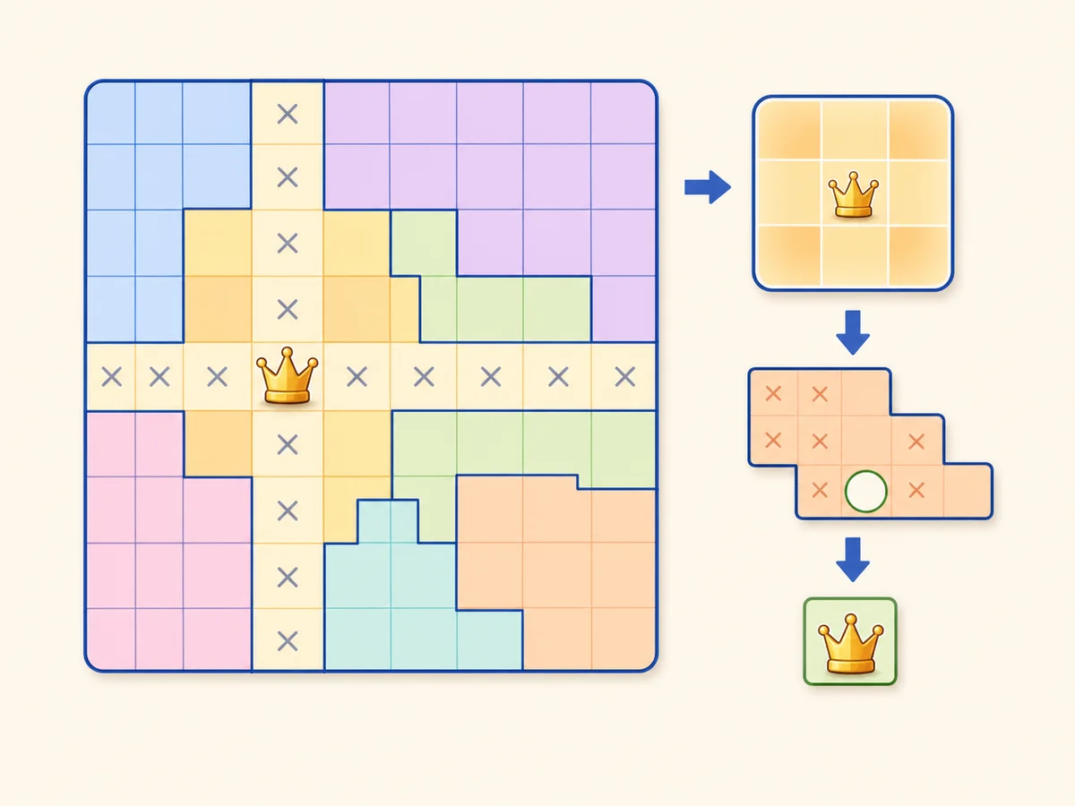 A visual Queens Game beginner workflow showing one queen, X marks, and a forced region candidate.