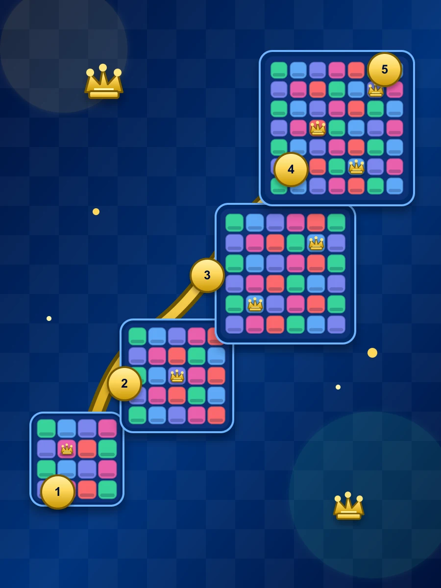 Colorful Queens puzzle board showing a level-based path from Level 1 to 100