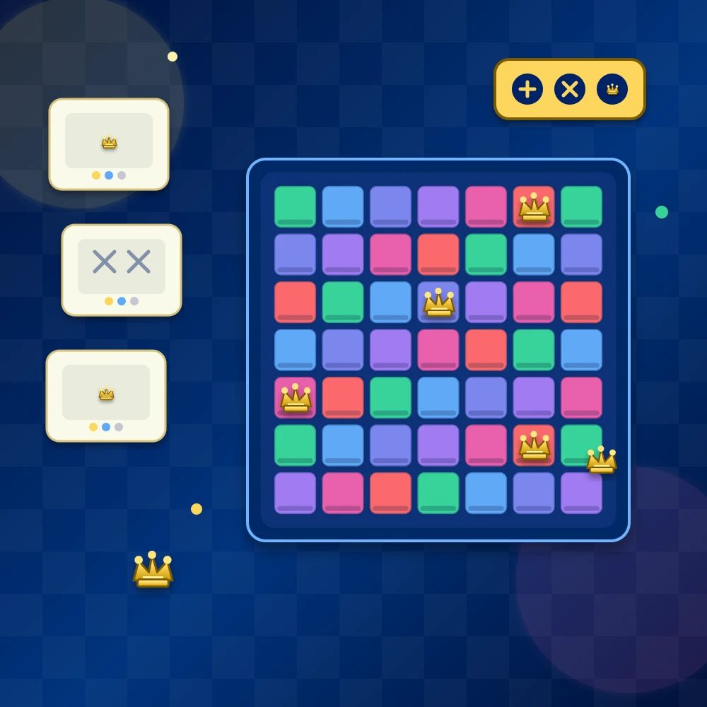 Colorful Queens puzzle board with golden queen pieces